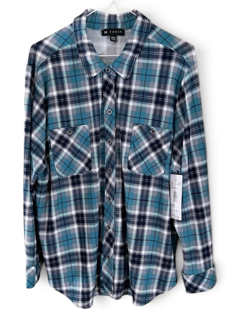 NWT Turquoise/Navy Plaid Stretch Button Down Casual Shirt Top